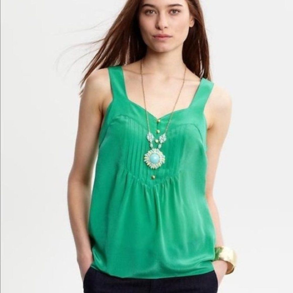 Banana Republic Silk Pleated Tank Top Green Blouse 6 Small